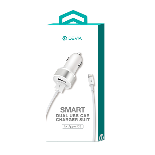 Car Charger Dual Adaptor & 1m Lightning Cable White Devia Front