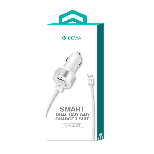 Car Charger Dual Adaptor & 1m Lightning Cable White Devia Front