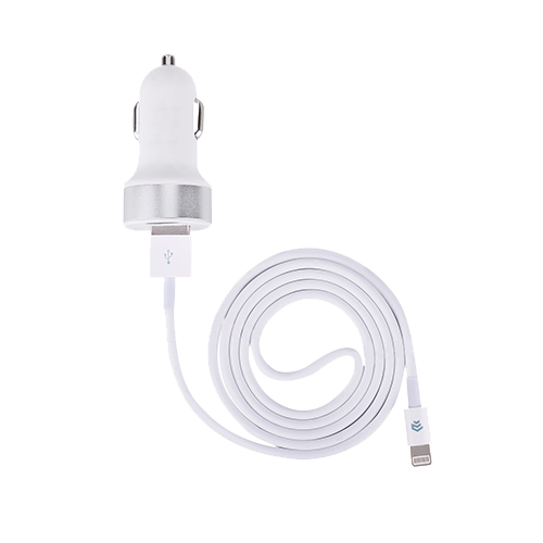 Car Charger Dual Adaptor & 1m Lightning Cable White Devia Side