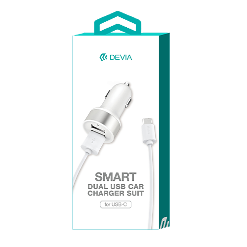 Car Charger Dual Adaptor & 1m Type C Cable White Devia Front