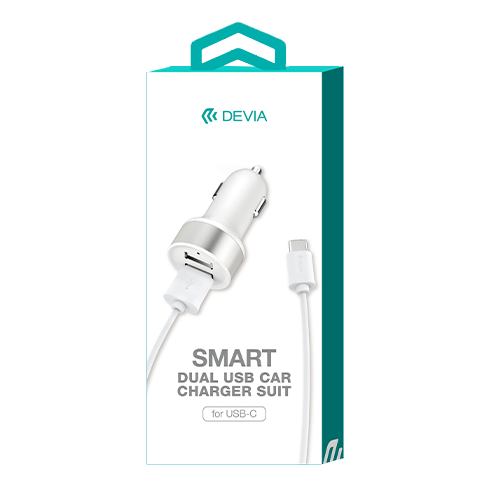 Car Charger Dual Adaptor & 1m Type C Cable White Devia Front