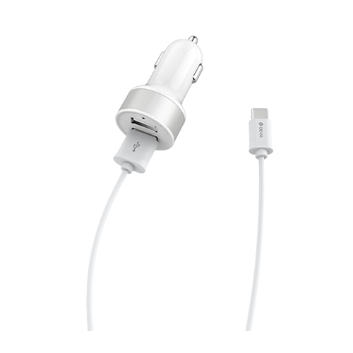 Car Charger Dual Adaptor & 1m Type C Cable White Devia