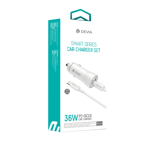 White Dual USB Port Car Charger Adaptor & 1m Type C Cable Devia Front