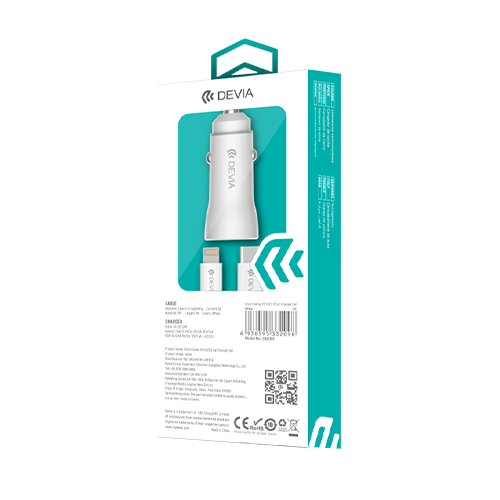 White Dual USB Port Car Charger Adaptor & 1m Type C Cable Devia Back