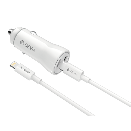 White Dual USB Port Car Charger Adaptor & 1m Type C Cable Devia
